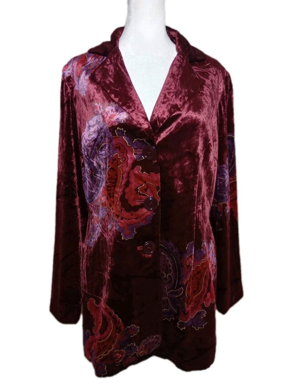 Coldwater Creek Velvet Blazer Jacket 10 Burgundy Paisley Boho Dark Academia